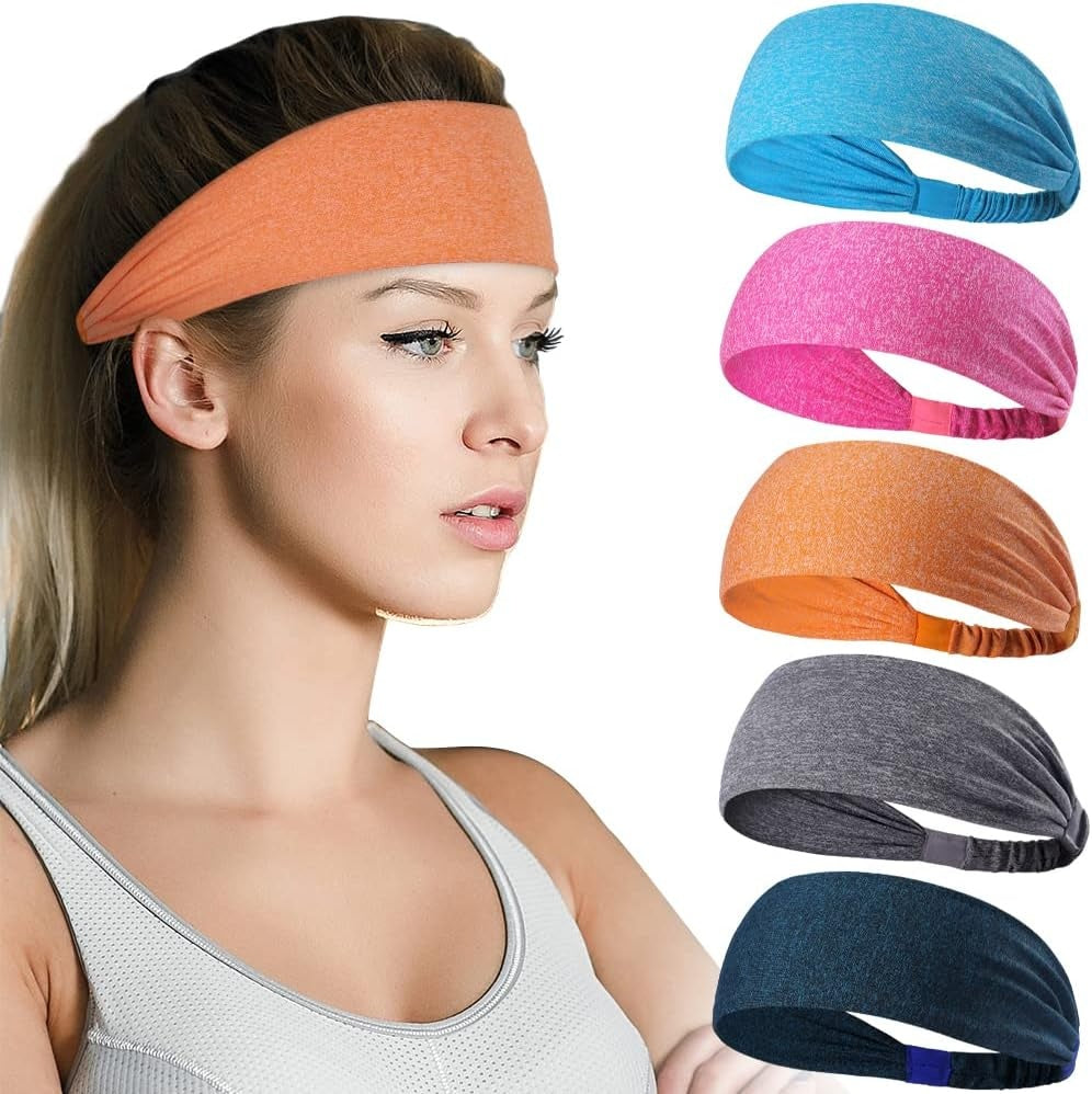 Sports Headbands For Men & Women -5 Pack,  Wicking Sweatbands, Elastic Non Slip Sweat Bands, Athletic Workout Fashion Wide Hair Bands For Running, Cycling, Basketball, Yoga